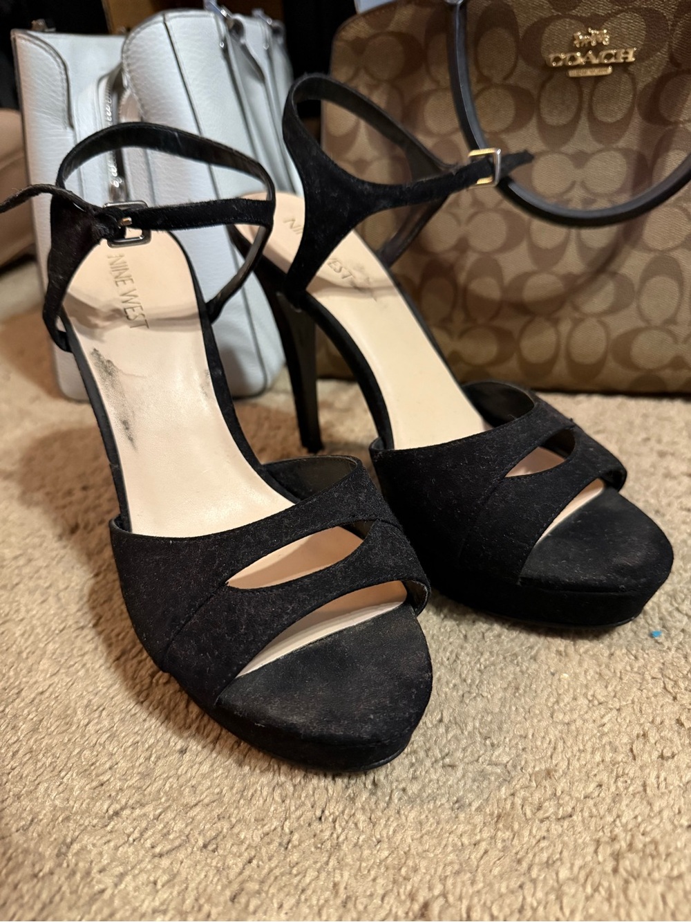 Nine West Black Suede Open-Toe Stiletto Sandals with Ankle Strap